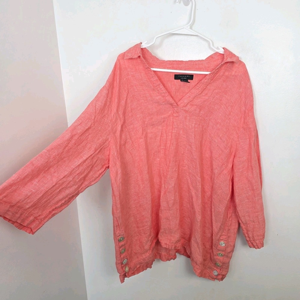 Tahari Neon Orange 100% Linen 3/4 Sleeve Lagenlook Beachy Summer Tunic Size 2X